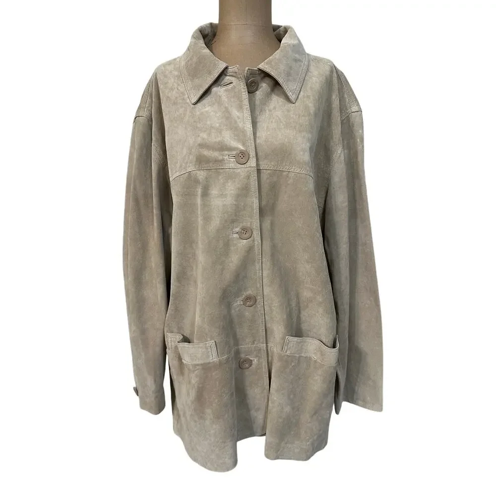 St. John's Bay Jacket Vintage Beige Button Up Suede 100% Leather Women's XL